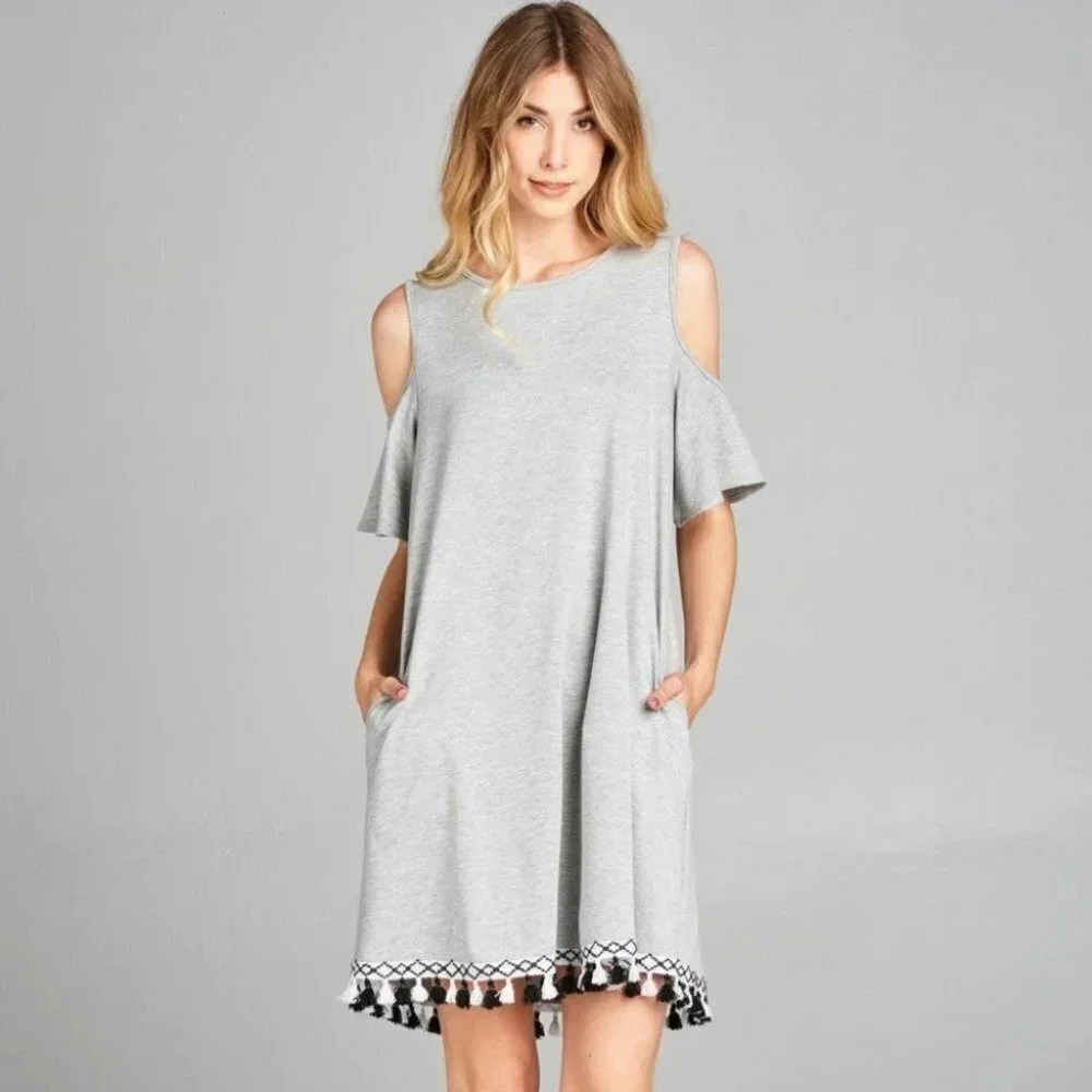 NEW Cotton Bleu Cold Shoulder Flutter Sleeve Grey, Black and White Tassels Dress